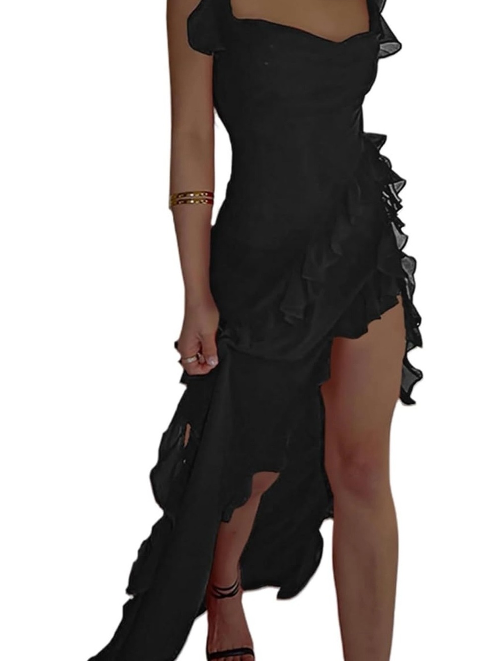 Black Ruffled Asymmetric High-Low Dress